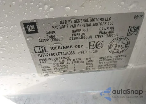 2016 GMC Sierra 1500 z USA, uszkodzony, nr VIN 1GTV2LECXGZ404868